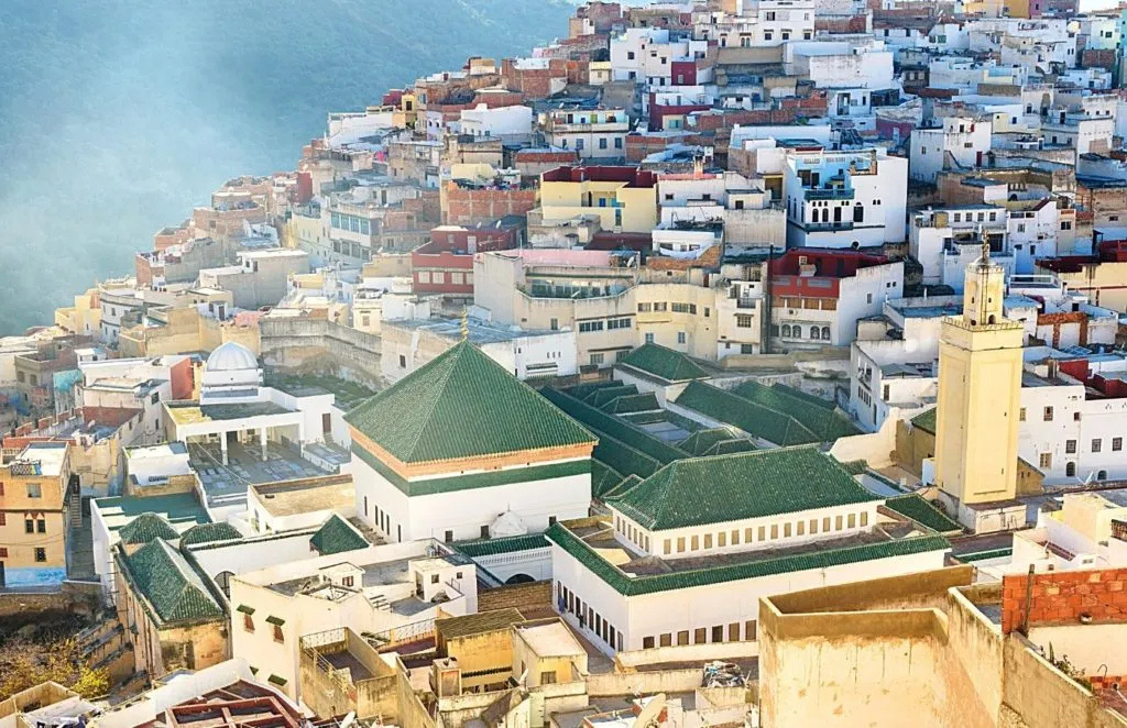 Tangier rooftops and a mosque overlooking the Atlantic
